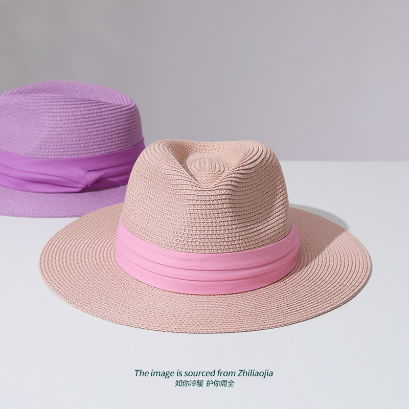 粉色简约草帽七公分帽檐多色巴拿马帽子夏旅游度假遮阳帽复古礼帽