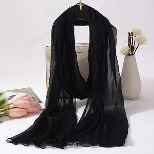 正品桑蚕丝长款真丝丝巾女2025新款高级洋气围巾黑色纱巾秋冬披肩