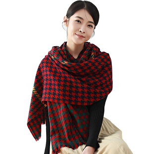 千鸟格纯羊毛围巾女士2026年新款秋冬格子100羊绒大围脖保暖披肩