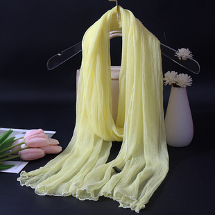 2025新款真丝围巾纯色淡黄色褶皱丝巾可爱清新长纱巾披肩春秋冬季