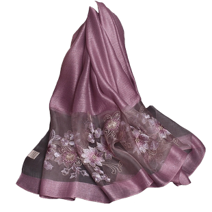 刺绣丝巾女婚宴礼服妈妈围巾春季桑蚕丝混纺婚礼旗袍外搭披肩紫色