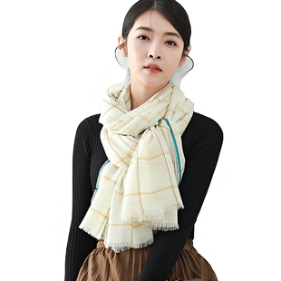 专柜正品白色格子纯羊毛围巾秋冬季百搭100羊绒丝巾轻薄高端披肩