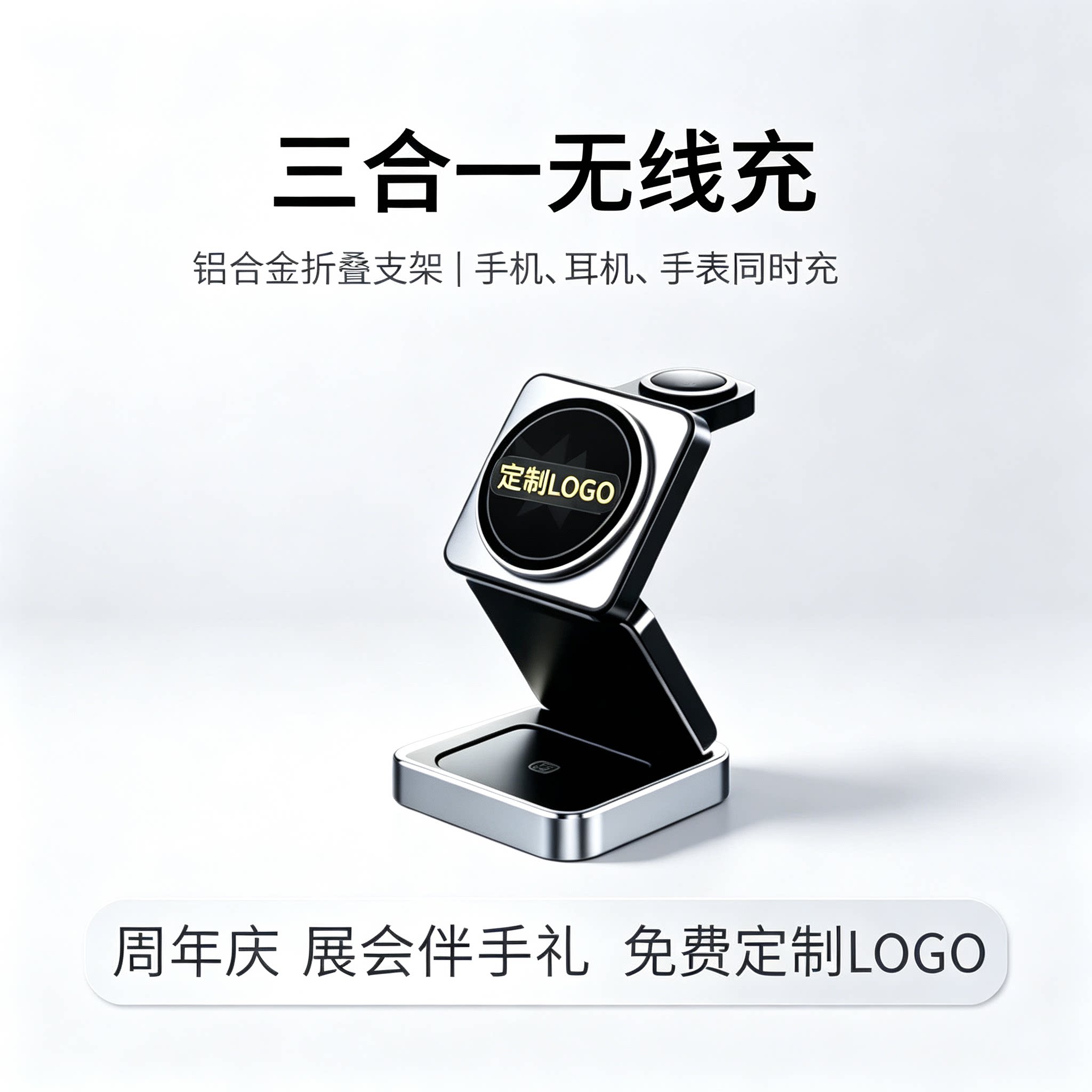 活动伴手礼定制企业logo三合一无线充电器折叠铝合金支架手机耳机手表多功能magsafe磁吸无线充电器展会礼品图片