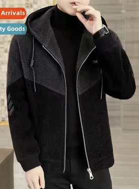 Tweed jacket mens hooded winter casual thickened warm splici