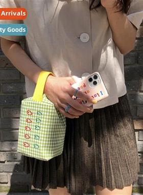 Korea ins small fresh green plaid love embroidery cute makeu