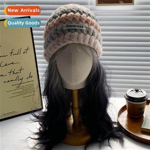2023 new clashing stripes show face small knted wool cap fem