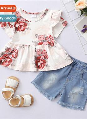 Girls spring  fall  2021 new n short-sleeved flower print to