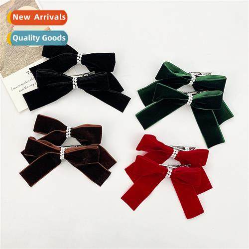 Velvet bow hair clips female retro versatile side bangs clip