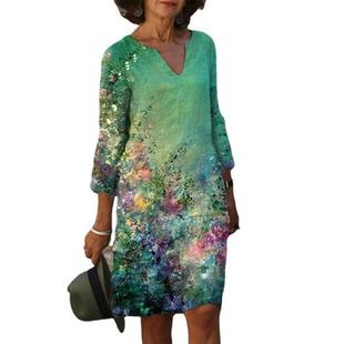 Printed Rendering Mid Summer Slee Neck Colorful 2023 Fashi