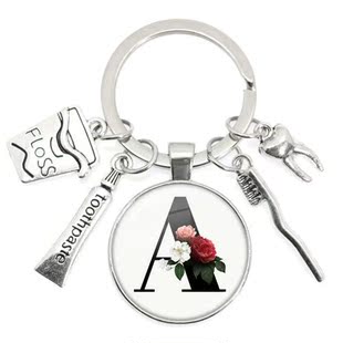 Dentist Dental Toothbrush Keychain Letters A-Z Round Glass D
