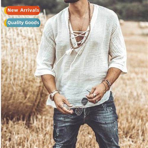 2021 New Mens Chest Tie Cock Eye Mid Sleeve T-Shirt Shirt