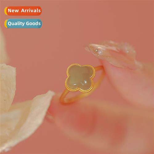 Hetian jade four-leaf clover ring female niche  advanced   o