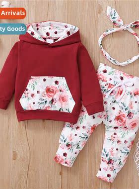 Girls spring  fall 2021 new n floral lg-sleeved hooded top +