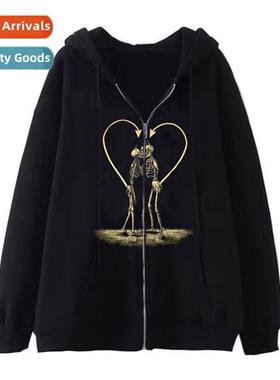 2023Y2K Dark Gothic Skull Zipper Sweatshirt Fall  Winter Fle