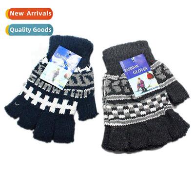 Mens Knted Half Finger Leaky Finger Winter Gloves Woolen Glo