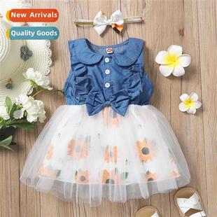 2022 new flowers spring spli denim fall sleeveless Girls