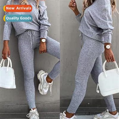 2023 womens slanting shoulder top pants su solid color fashi