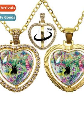 Cute Cat Round Glass Heart Charms Double Sided Peach Heart N