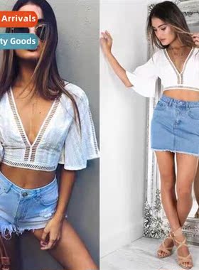 2022 spring  summer new new embroidery splicing V-neck low-c