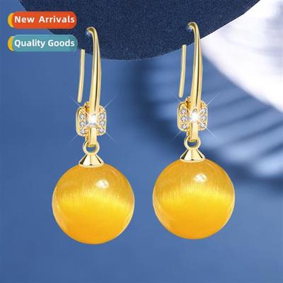 Dazzling green whe yellow cats eye ste earrings female earri