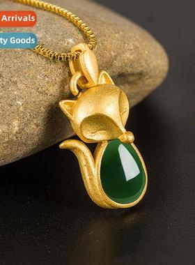 Vintage lerary antique gold fox green chalcedy pendant femal