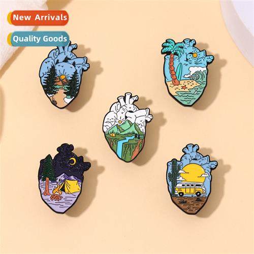 New Creative Heart Shape Travel Scenery Pattern Alloy Brooch