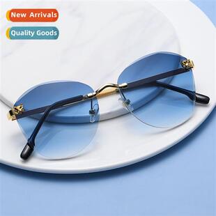 6021 fashi cut edge rimless sunglasses 2023 new leopard head