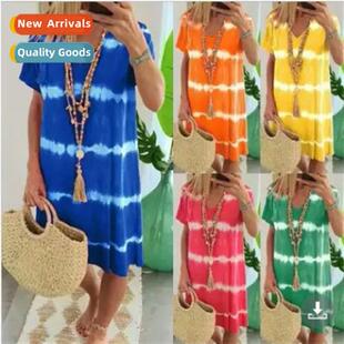 print dresse sleeved short casual dye tie neck Womens 2023