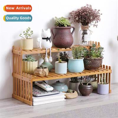 Bamboo solid wood succulent desktop small flower rack fice w