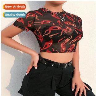 Sheer Mesh Brazilian 2022 Flower Print Womens Swimsu Flame