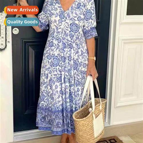 2023 new large size super fairy V-neck floral dress seaside
