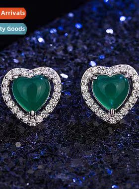 n heart-shaped green chalcedy earrings female retro ethnic s