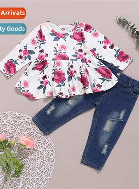 Girls spring  fall 2021 new n lg-sleeved rose print top + ri