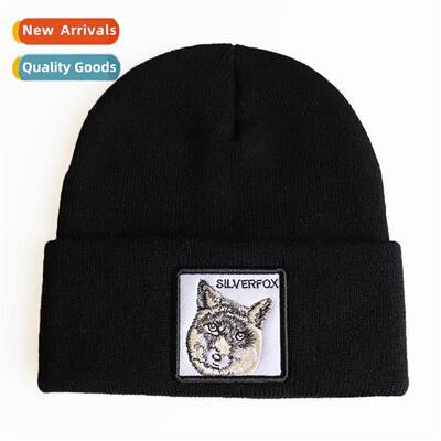 popular animal fox embroidery knted cap set  embroidered flo