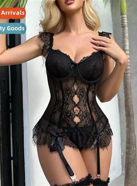 ins2023 black lace sexy lingerie splicing see-through slimmi
