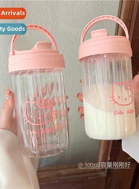 Cute pink cat glass cup girl heart cup ins style carry- port