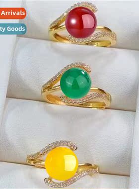 Vintage set zircia opening adjustable green agate ring femal