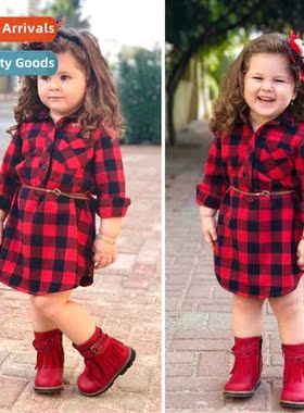 Children in in  spring  fall  girls lg-sleeved red plaid dre