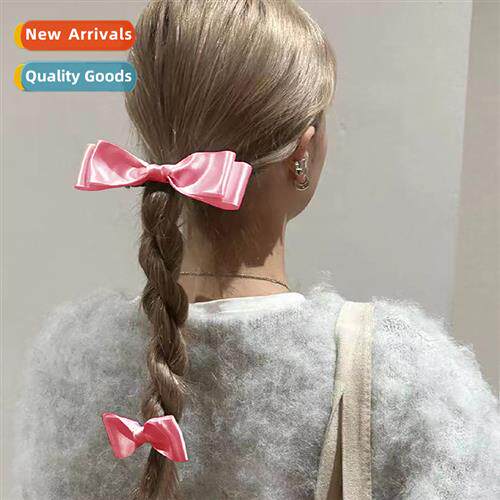 A pair  pink double bow hair clips sweet girl Korean ins tem