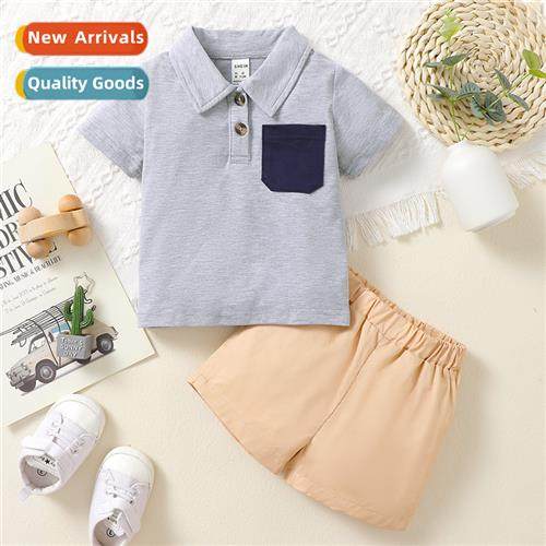 Boys spring  autumn  2023 new n solid color short-sleeved to