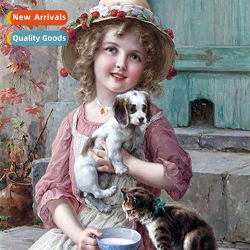 DIY new thread cross stch  girl wh dog full embroidery simpl