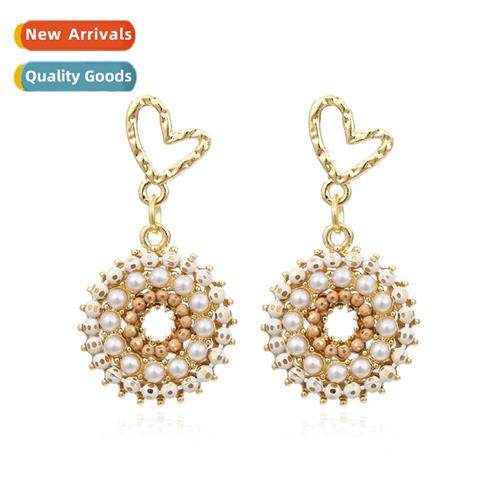 New simple round pearl ball earrings retro fashi alloy heart