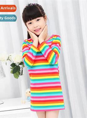 2019 Girls Children Summer Lg Sleeve Rainbow Striped Dresses