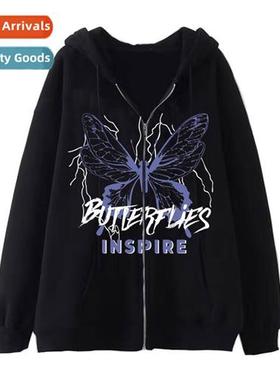 Dark Hip Hop Gothic Harajuku Y2k Butterfly Zipper Hoodie Men