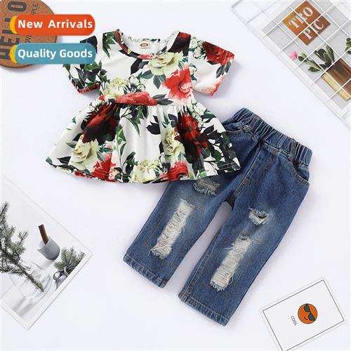 Girls spring  fall  2020 new n short-sleeved flower print to