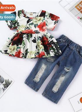 Girls spring  fall  2020 new n short-sleeved flower print to