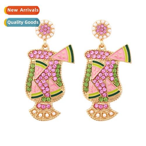 Exaggerated alloy oil drip diamd watermel juice cup earrings
