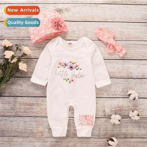 2019ins Kids Baby Floral Print Lg Sleeve Bodysu + Hat Hairb