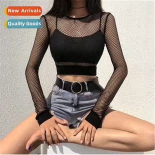 short summer navel sleeved hollow grid sexy spring 2022