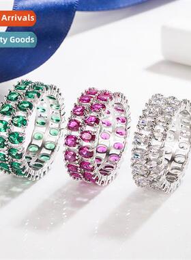 Green diamd double row full diamd ring women set red corundu